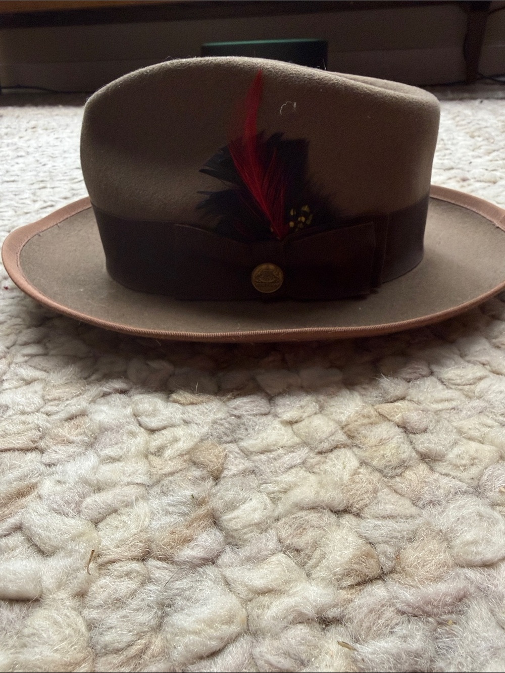 Classic Brown Wool Fedora with Black Band & feathers